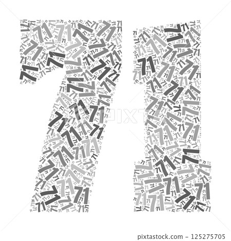Grayscale word cloud forming the number 71, with repeated text in various sizes. Grayscale word cloud forming the number 71, with repeated text in various sizes. 125275705