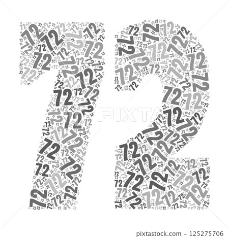 Grayscale word cloud forming the number 72, with repeated text in various sizes. 125275706