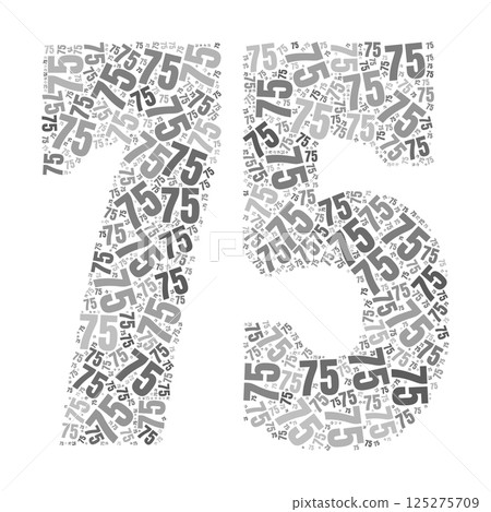 Grayscale word cloud forming the number 75, with repeated text in various sizes. Grayscale word cloud forming the number 75, with repeated text in various sizes. 125275709