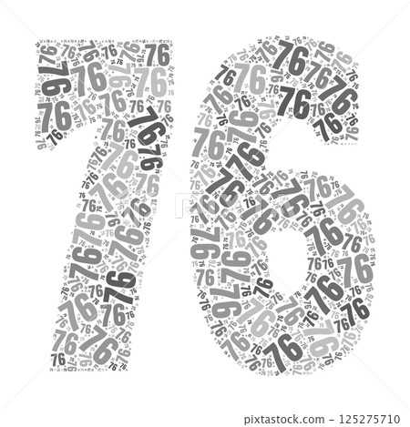 Grayscale word cloud forming the number 76, with repeated text in various sizes. Grayscale word cloud forming the number 76, with repeated text in various sizes. 125275710