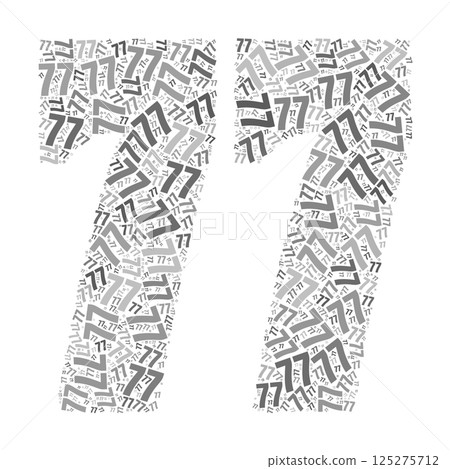 Grayscale word cloud forming the number 77, with repeated text in various sizes. Grayscale word cloud forming the number 77, with repeated text in various sizes. 125275712