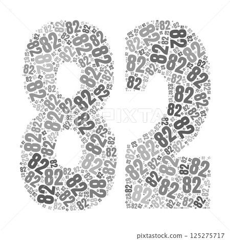 Grayscale word cloud forming the number 82, with repeated text in various sizes. 125275717