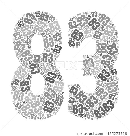 Grayscale word cloud forming the number 83, with repeated text in various sizes. Grayscale word cloud forming the number 83, with repeated text in various sizes. 125275718