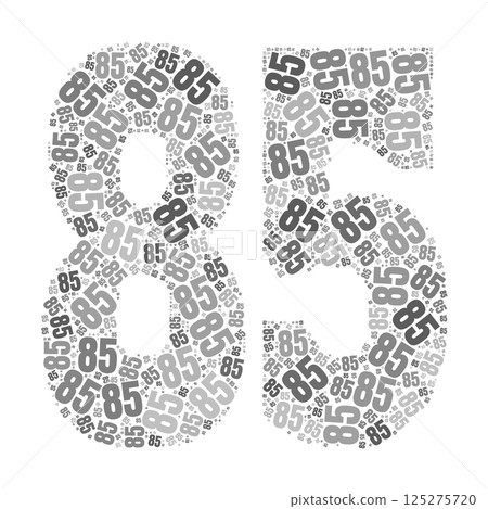 Grayscale word cloud forming the number 85, with repeated text in various sizes. 125275720