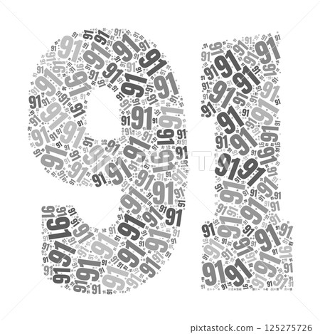 Grayscale word cloud forming the number 91, with repeated text in various sizes. 125275726