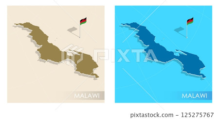 Malawi country flag installed on geographic positioning map point of country territory. Malawi commonwealth banner on land and sea. Festive patriotic HD format template for independence day 125275767