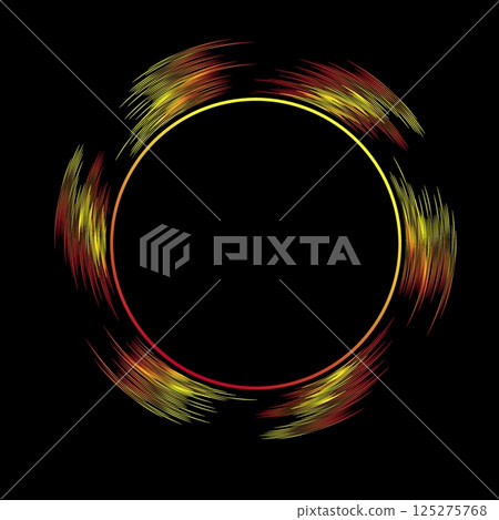 Neon rotating glowing black hole frame with flaming turning tunnel. Gravitational anomaly with flaming fiery cascade from black center. Gradient vector isolated on black background 125275768