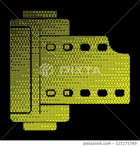 Pixel cylinder 35 mm photo tape halftone silhouette icon. Cylinder with old 35 mm photo film. World Photography Day August 19th. Simple black and yellow vector isolated on black 125275769