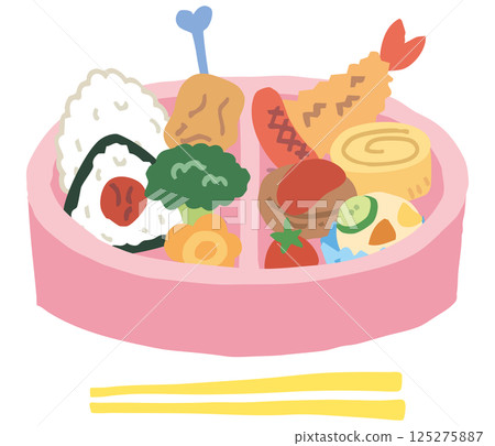 Pink lunch box and side dishes (with chopsticks) 125275887