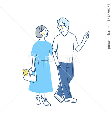 Smiling middle-aged and senior couple walking side by side Smiling middle-aged and senior couple walking side by side 125276071