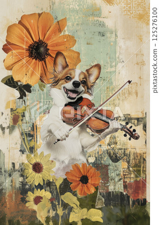 Contemporary art collage of happy dog playing violin, illustration music poster, Funky style, Generative AI 125276100
