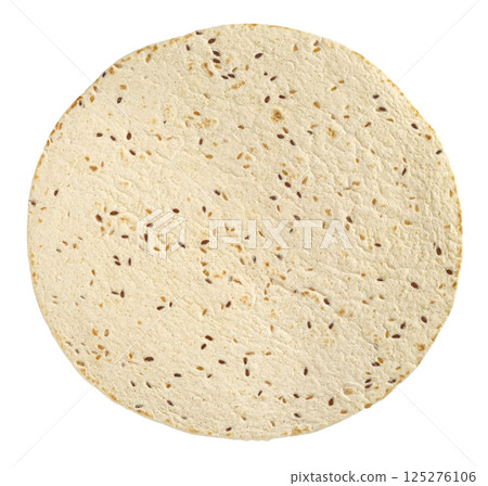 Empty lavash with flax seeds isolated on white background with clipping path, top view Empty lavash with flax seeds isolated on white background with clipping path, top view 125276106
