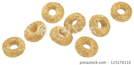 Falling cereal rings isolated on white background with clipping path Falling cereal rings isolated on white background with clipping path 125276110