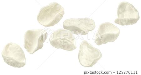 Falling starch potato chips, salty puffed snacks isolated on white background with clipping path Falling starch potato chips, salty puffed snacks isolated on white background with clipping path 125276111