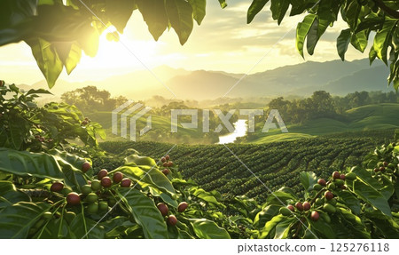Coffee plantation at sunrise with ripe coffee berries on branches, copy space 125276118