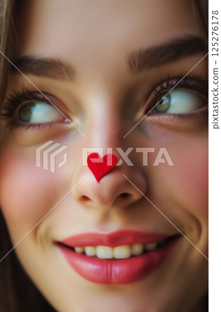 portrait of young beautiful girl with heart shaped valentine on her nose, happy and laughing face 125276178