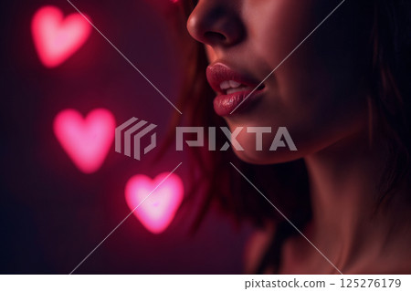 beautiful woman portrait face closeup, dark night background with a bokeh heart lights 125276179