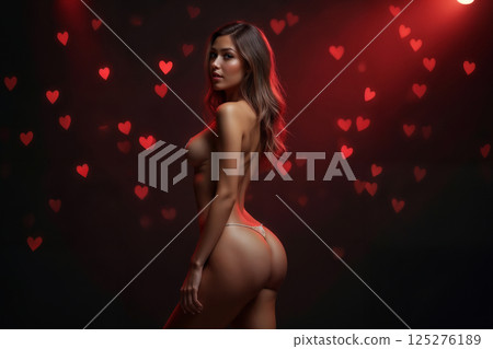 portrait of a of young beautiful girl in lingerie, back view, on a dark abstract background with bokeh hearts 125276189