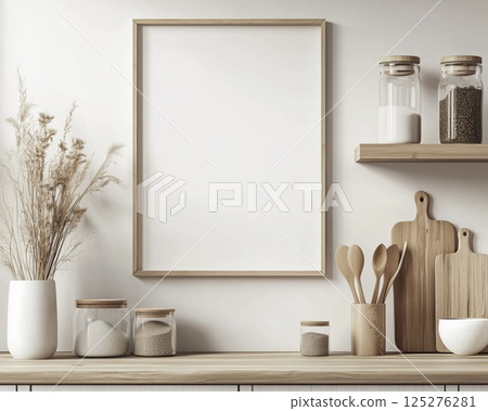 Empty frame in modern kitchen interior with warm natural light, mock up poster 125276281