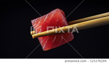 Raw tuna cube held by chopsticks on black background with copy space Raw tuna cube held by chopsticks on black background with copy space 125276284