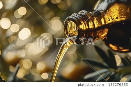 Olive oil pouring from glass bottle with blurred green background, copy space 125276285