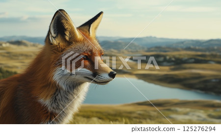 Red fox in a scenic mountain landscape near a lake. Wildlife photography with natural copy space 125276294