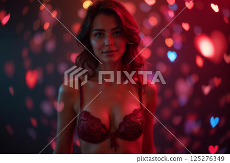 beautiful lingerie on a woman body, dark night background with a bokeh heart lights 125276349