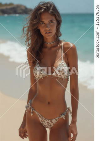 portrait of young beautiful girl wearing bikini swimsuit and posing on resort beach with view of sea and bright sky 125276358