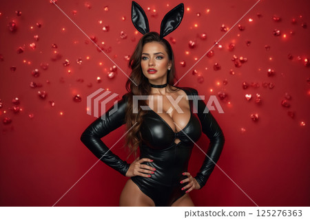 portrait of a young beautiful girl in a black leather tight bodysuit with a bunny ear mask, on an abstract red background with bokeh heart lights 125276363