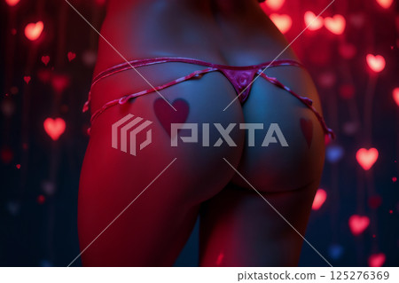 beautiful lingerie on a woman body with heart tattoo, back view, dark night background with bokeh hearts light and love neon text beautiful lingerie on a woman body with heart tattoo, back view, dark night background with bokeh hearts light and love neon text 125276369