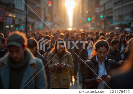 smartphones in hands, people using smartphones on busy city street of metropolis 125276405