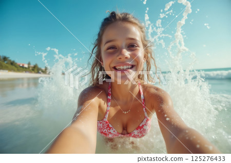 portrait of active child girl wearing bikini swimsuit, playing with water splashes and posing on resort beach with view of sea and bright sky 125276433