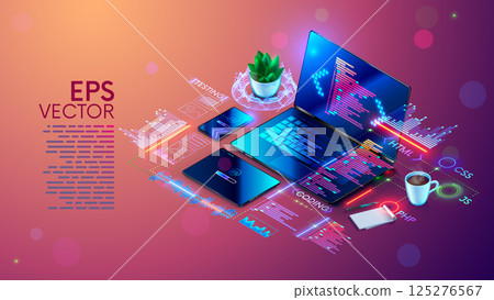 Software development concept. Programming, debugging program or code for laptop, phone, tablet. Creation adaptive Software application. Software development education or learning. Computer technology 125276567