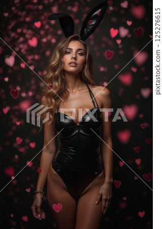 portrait of a young beautiful girl in a black leather tight catsuit with a bunny ear mask, on a dark night abstract background with bokeh hearts light 125276615