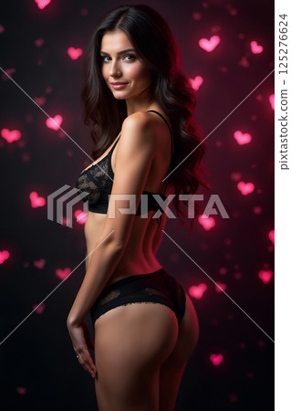portrait of a of young beautiful girl in lingerie, back view, on a dark abstract background with bokeh hearts portrait of a of young beautiful girl in lingerie, back view, on a dark abstract background with bokeh hearts 125276624