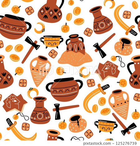 Ancient archaeological objects. Old vases seamless pattern. Ceramic jugs. Historical crockery. Antique amphoras. Weapons and gold jewelry. Archaeology excavations. Vector background 125276739