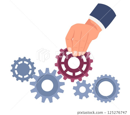 Businessman puts gear to make mechanism work. Solving business problem. Assemble machine. Arm joining cogwheels. Effective management. Challenge solution. Wheels connect. Vector concept Businessman puts gear to make mechanism work. Solving business problem. Assemble machine. Arm joining cogwheels. Effective management. Challenge solution. Wheels connect. Vector concept 125276747