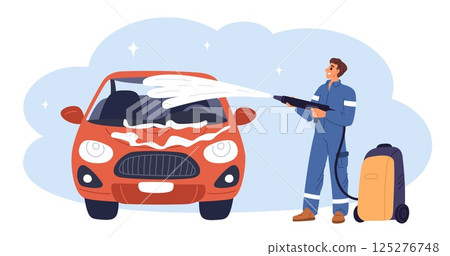 Car wash worker cleaning auto with jet water from high pressure washer. Washing away dirt. Cleanser equipment. Automobile service. Man spraying foam. Carwash station. Vector concept 125276748