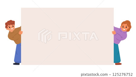 Cheerful boy and girl hold blank banner in hands. Preschool kids standing with empty placard. Activists showing rectangular billboard. Teenagers presenting square poster. Vector concept 125276752