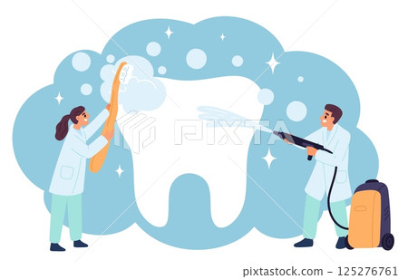 Dentists man and woman cleaning big white tooth. Dental services. Doctor washing molar with water jet. Professional hygiene. Stomatology care. Toothbrush and toothpaste foam. Vector concept 125276761