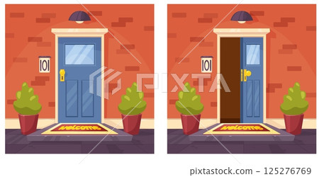Entrance open and closed street doors to apartment. House facade. Peephole and doorknob. City architecture exterior. Building porch. Coming or leaving home. Entering doorways vector set Entrance open and closed street doors to apartment. House facade. Peephole and doorknob. City architecture exterior. Building porch. Coming or leaving home. Entering doorways vector set 125276769