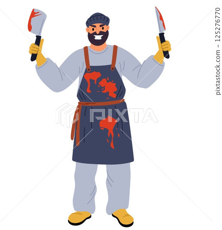 Evil deranged homicidal maniac with knife and blood stains on clothes or weapons. Criminal violence. Angry butcher. Bloody apron and dagger. Fear of dangerous killer. Vector concept Evil deranged homicidal maniac with knife and blood stains on clothes or weapons. Criminal violence. Angry butcher. Bloody apron and dagger. Fear of dangerous killer. Vector concept 125276770
