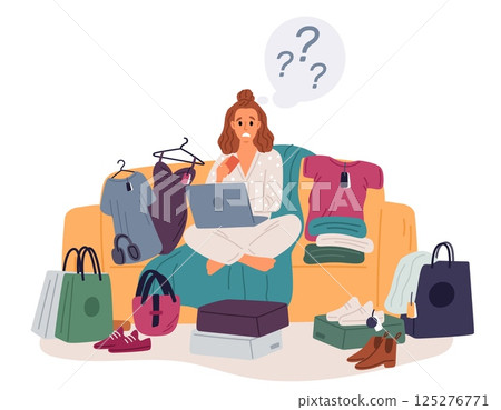 Female shopaholic who suffers from obsession to do shopping. Addicted woman of sale. Impulse buying. Girl making purchases with laptop. Shop bags heap. Buyer addiction. Vector concept 125276771