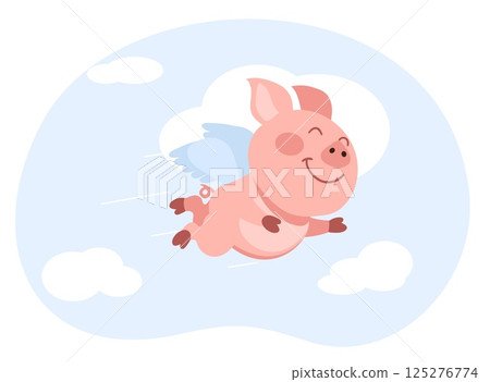 Funny pink piglet with wings flying in sky among clouds. Happy mammal flight. Lucky swine. Hovering boar. Cartoon animal. Angel piggy character. Dream and relax. Vector illustration 125276774