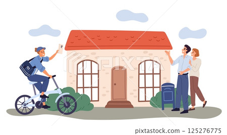 Girl letter carrier delivering mail on bicycle. Postal delivery to address. Postman carrying parcel to home door. Courier riding on bike. Yard mailbox. Express shipping. Vector concept 125276775