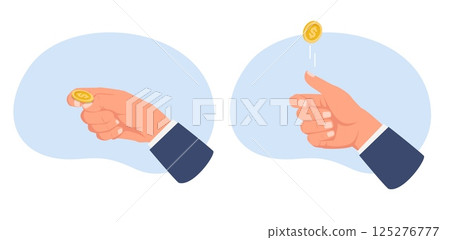 Hand flips coin to select option. Making decision. Arm tossing gold dollar. Searching solutions. Betting luck. Confusion and dilemma. Selection randomizer. Throwing money. Vector concept Hand flips coin to select option. Making decision. Arm tossing gold dollar. Searching solutions. Betting luck. Confusion and dilemma. Selection randomizer. Throwing money. Vector concept 125276777