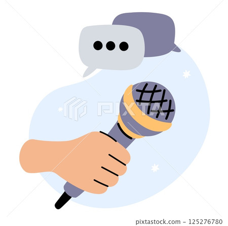 Hand holding microphone. Interview or news story. Human arm with mike. Public speaker. Speech bubble. Karaoke singer mic. Voice broadcasting. Audio multimedia equipment. Vector concept 125276780