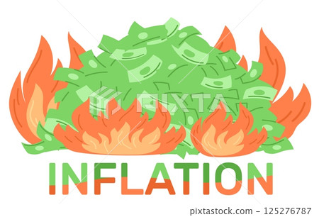 Inflation of paper money bills. Money going down in flames. Investment failure. Financial losses. Billionaire savings. Burning dollar banknotes heap. Economy crisis. Vector concept 125276787