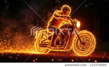 the silhouette of a motorcyclist racing on a motorcycle made of flames with the text fire, on a dark background, glows around with flames and sparks 125276889