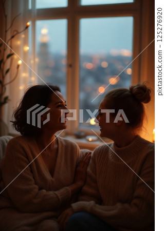 romantic couple sitting on sofa in evening and laughing cheerfully, twilight and view of evening city outside window 125276920